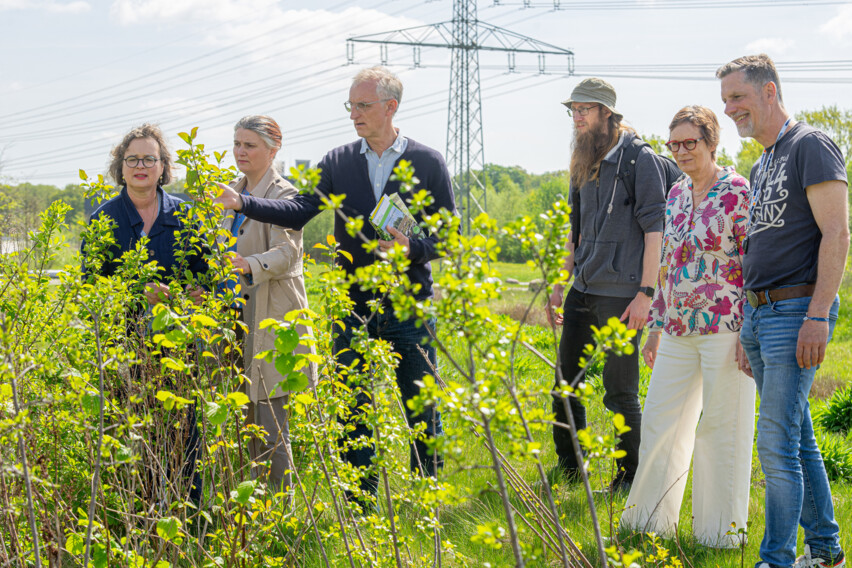 Der Anfang ist gemacht: (v.l.n.r.) Anja Lennartz, Viola B&ouml;dewadt (Loki Schmidt Stiftung), Dr. Frank Poppe, Jan Tolkiehn (European XFEL), Christine Stecker (Loki Schmidt Stiftung) und Klaus L&ouml;ptien (European XFEL) beim Treffen auf dem Freigel&auml;nde (Foto: Sven Kamin/European XFEL)