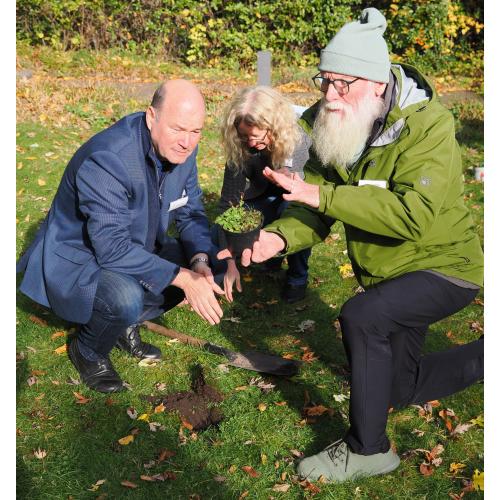 Pflanzung der Kleinen Braunelle im Garten von Helmut und Loki Schmidt_Axel Jahn, Dr. Kristin Ludewig, John Langley (v.l.n.r.)